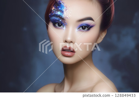 以太空為主題的獨特髮型和妝容。 AI 生成的美女影像(橫向照片) 以太空為主題的獨特髮型和妝容。 AI 生成的美女影像(橫向照片) 128849433