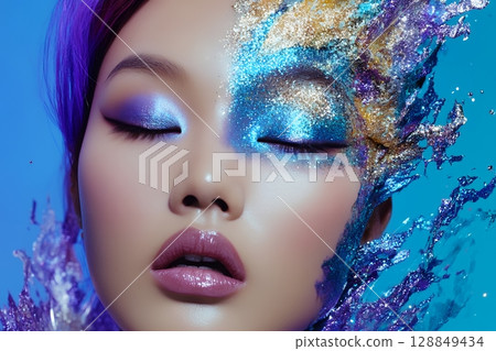 以太空為主題的獨特髮型和妝容。 AI 生成的美女影像(橫向照片) 以太空為主題的獨特髮型和妝容。 AI 生成的美女影像(橫向照片) 128849434