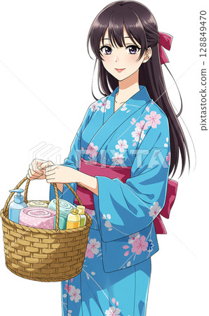 Friendly Girl with Onsen Basket 128849470