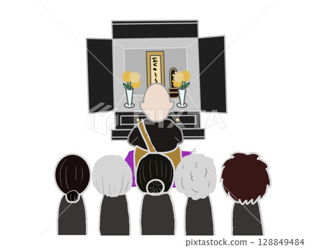 一位僧人在佛壇前誦經,參加者身著喪服 一位僧人在佛壇前誦經,參加者身著喪服 128849484