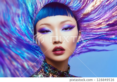 獨特的太空主題髮型和妝容。 AI 生成的美女影像(橫向照片) 獨特的太空主題髮型和妝容。 AI 生成的美女影像(橫向照片) 128849516