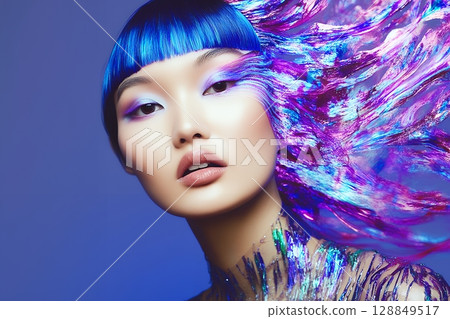 獨特的太空主題髮型和妝容。 AI 生成的美女影像(橫向照片) 獨特的太空主題髮型和妝容。 AI 生成的美女影像(橫向照片) 128849517