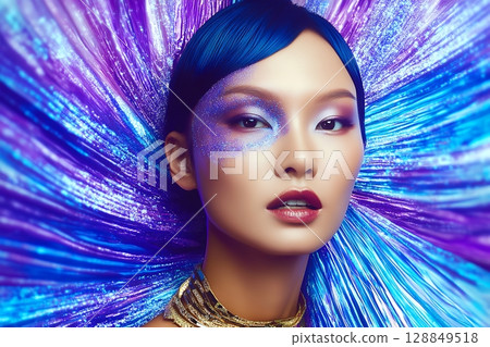 A unique space-themed hair and makeup style. A beautiful woman's image is generated using AI (horizontal photo) A unique space-themed hair and makeup style. A beautiful woman's image is generated using AI (horizontal photo) 128849518