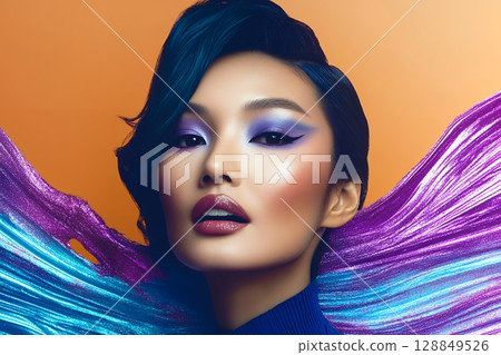 獨特的太空主題髮型和妝容。 AI 生成的美女影像(橫向照片) 獨特的太空主題髮型和妝容。 AI 生成的美女影像(橫向照片) 128849526