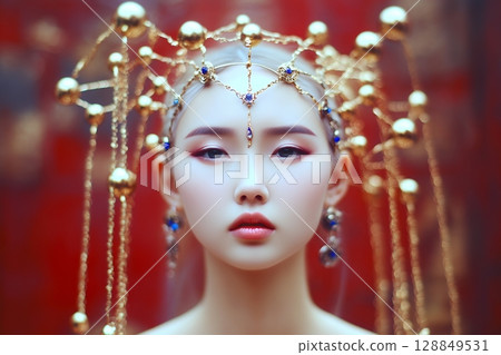獨特的太空主題髮型和妝容。 AI 生成的美女影像(橫向照片) 獨特的太空主題髮型和妝容。 AI 生成的美女影像(橫向照片) 128849531