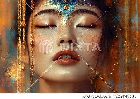 A unique space-themed hair and makeup style. A beautiful woman's image is generated using AI (horizontal photo) 128849533