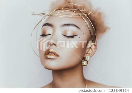 A unique space-themed hair and makeup style. A beautiful woman's image is generated using AI (horizontal photo) 128849534