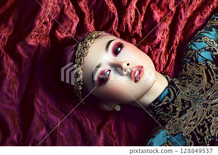 獨特的太空主題髮型和妝容。 AI 生成的美女影像(橫向照片) 獨特的太空主題髮型和妝容。 AI 生成的美女影像(橫向照片) 128849537