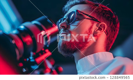 Bearded man with sunglasses looks up at a large lens under red a 128849565