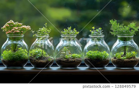 Five glass terrariums with diverse plants on a wooden ledge agai Five glass terrariums with diverse plants on a wooden ledge agai 128849579