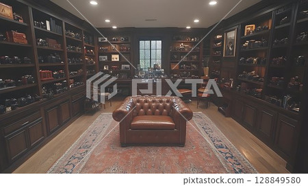 Camera Collection Displayed in Dark Wood Library with Leather Ch Camera Collection Displayed in Dark Wood Library with Leather Ch 128849580