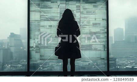 Silhouetted Woman Contemplating Cityscape Through Data-Filled Wi 128849589