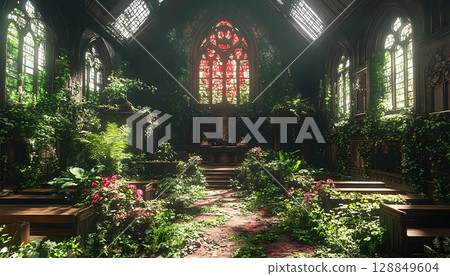 Overgrown Sanctuary: Nature Reclaims a Stained Glass Church Inte 128849604
