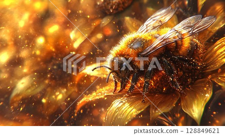 Golden Bee on a Sparkling Sunflower 128849621