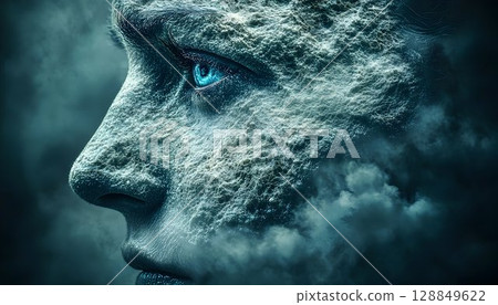 Ethereal face profile with textured skin and piercing blue eye e 128849622