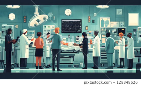 Diverse medical team attending patient in a modern, high-tech op 128849626