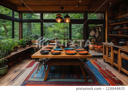 Rustic Dining Area with Lush Greenery View 128849635