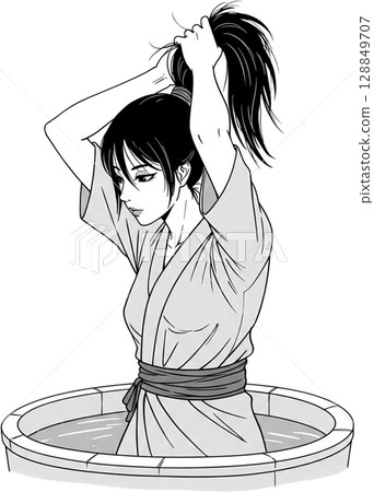 Grayscale Girl in Bath Barrel Grayscale Girl in Bath Barrel 128849707