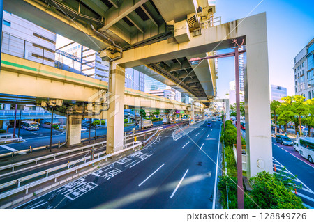 Yokohama cityscape in Japan: View of the rotary exit and ETC entrance from the east exit pedestrian bridge at Yokohama Station 128849726