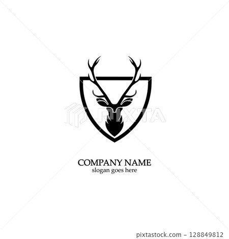 Deer hunter with shield logo design, Wild animal vector, Head deer illustration 128849812