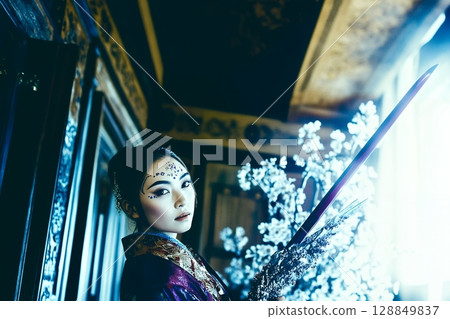 Japanese woman wearing a kimono. Unusual hair and makeup style. Beautiful woman image generated by AI (horizontal photo) 128849837