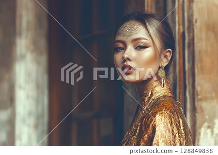 Japanese woman wearing a kimono. Unusual hair and makeup style. Beautiful woman image generated by AI (horizontal photo) 128849838
