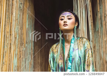Japanese woman wearing a kimono. Unusual hair and makeup style. Beautiful woman image generated by AI (horizontal photo) 128849847