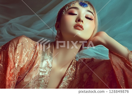 身穿和服的日本女性。獨特的髮型和妝容。 AI生成的美女影像（橫向照片） 128849876