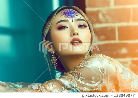 身穿和服的日本女性。獨特的髮型和妝容。 AI生成的美女影像（橫向照片） 128849877