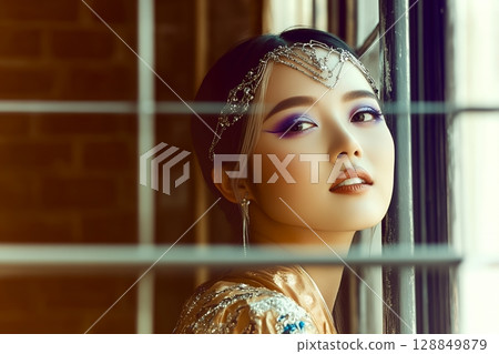 身穿和服的日本女性。獨特的髮型和妝容。 AI生成的美女影像（橫向照片） 128849879
