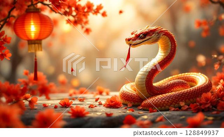 Chinese New Year concept. Beautiful red snake with red lanterns and flowers Chinese New Year concept. Beautiful red snake with red lanterns and flowers 128849937