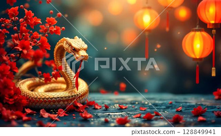 Chinese New Year concept. Golden snake and red lanterns on wooden background Chinese New Year concept. Golden snake and red lanterns on wooden background 128849941