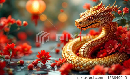 Chinese New Year concept. Golden dragon and red flowers on black background 128849943