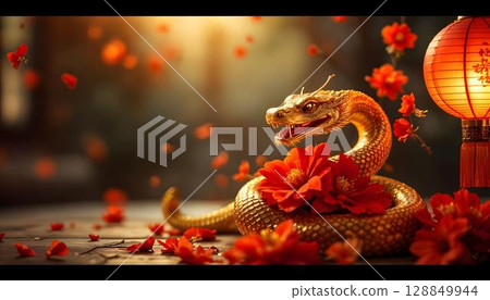 Chinese New Year of the Snake, red paper lanterns and gold dragon 128849944