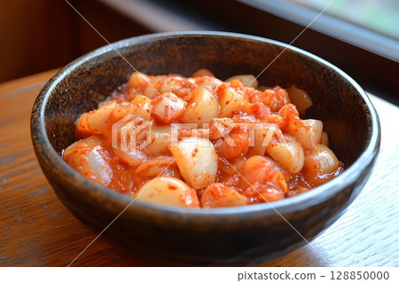 Pickled Garlic Cloves in Spicy Sauce Served in Rustic Bowl on Wo 128850000