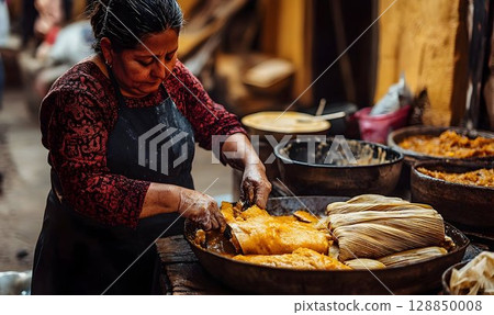 Skilled Hands Preparing Traditional Tamales in a Market Setting 128850008