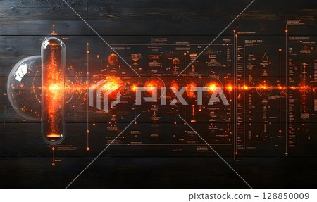 Glowing Orbs and Data Streams on Dark Wood: A Futuristic Scienti 128850009