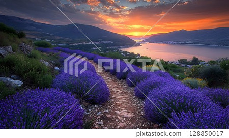 Lavender Field Path Leading to a Bay at Sunset with Mountains 128850017