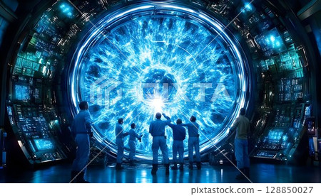 Scientists Observe a Glowing Blue Portal in a Futuristic Laborat Scientists Observe a Glowing Blue Portal in a Futuristic Laborat 128850027