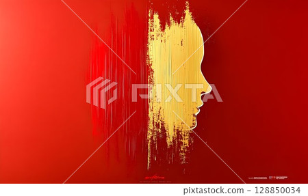 Golden Profile Emerging from Red Abstract Brushstrokes, Artistic 128850034