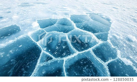 Frozen Lake Baikal's Unique Ice Formation with Geometric Cracks 128850035