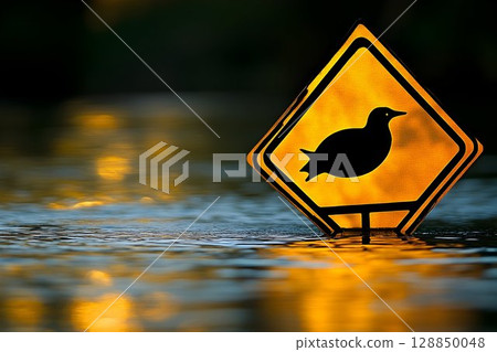 Submerged Duck Crossing Sign Reflects Golden Light in Floodwater 128850048