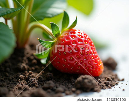 Fresh Strawberry Resting on Moist Soil with Green Leaves and Morning Garden Light 128850100