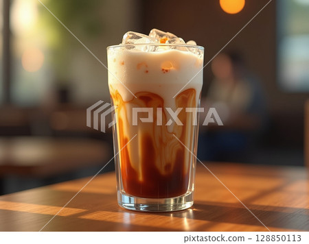 Macro Iced Latte with Milk Swirl, Ice Cubes, and Surface Bubbles over Wooden Table in Cafe Light 128850113