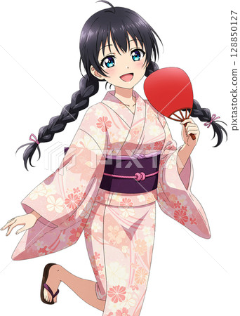 Braided Girl with Fan 128850127