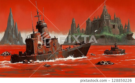 Crimson Tide: A Rusty Vessel and a Forlorn Cityscape 128850226