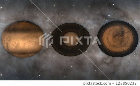Three celestial bodies with varying textures and ringed structur 128850232