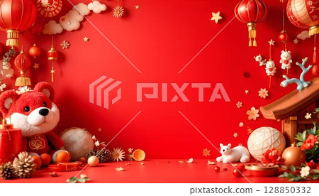 3D rendering of red chinese new year background with decoration 128850332
