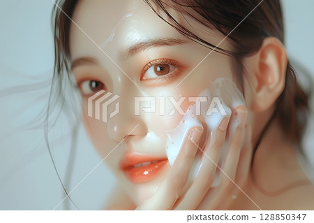 美麗的皮膚日本女人洗臉髮型和化妝風格AI生成的美麗女人圖像（橫向照片） 128850347