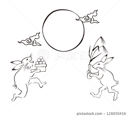 Illustration of a rabbit preparing for a moon viewing party in the style of Choju Jinbutsu Giga 128850416